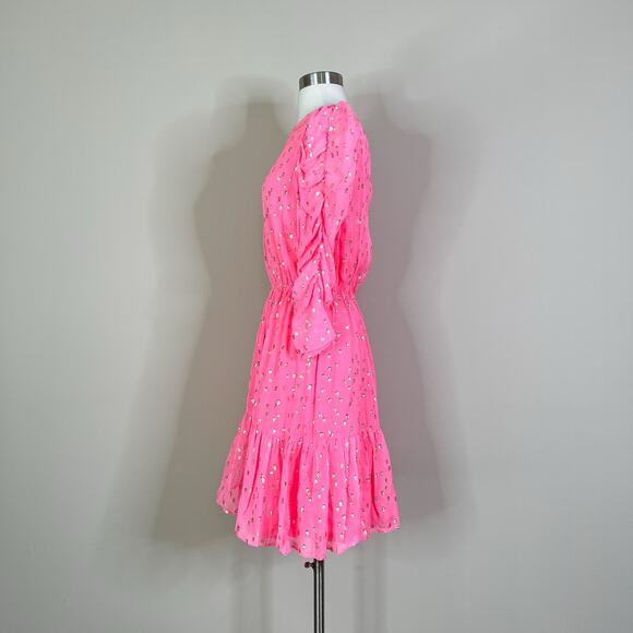 Lilly Pulitzer | Silk Chianna Coral Sands Pink Gold Polka Dot Puff Sleeve Dress - Picture 9 of 10